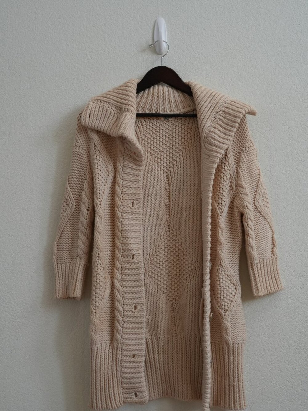 L'AGENCE Womens S Cream Chunky Cable Knit 100% Merino Wool Long Cardigan Sweater